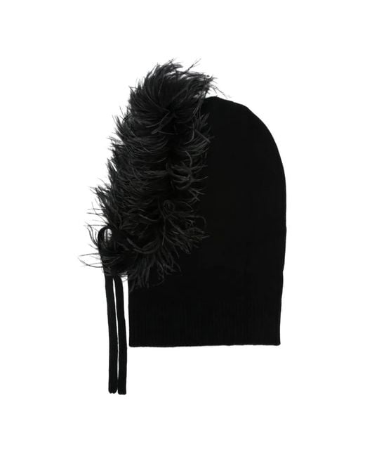 P.A.R.O.S.H. Black Lestat Feather-Trim Knitted Beanie Hat