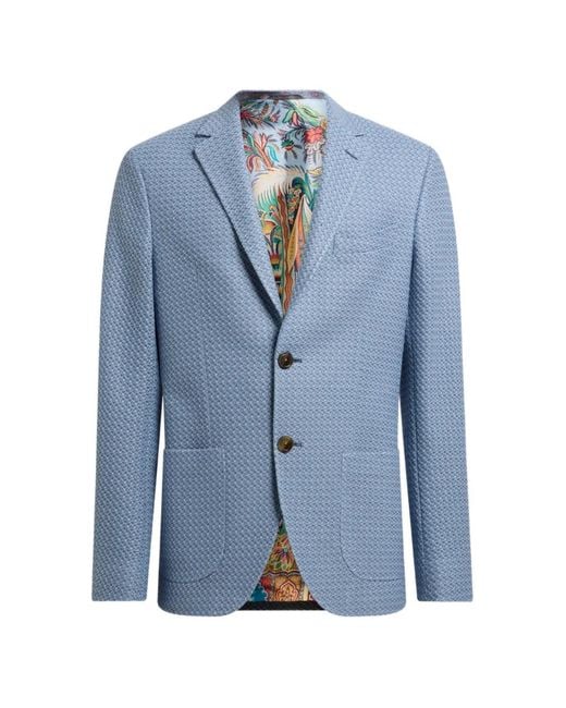 Etro Blue Single-Breasted Micro-Pattern Cotton Blazer for men
