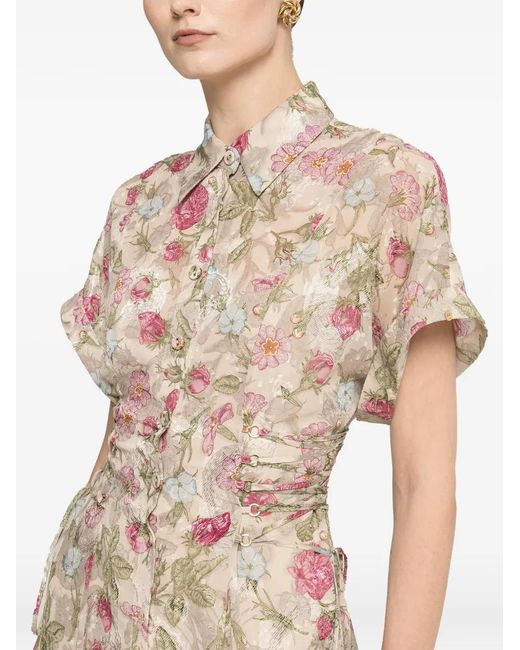 Nissa Natural Floral-Print Lace-Up Midi Dress