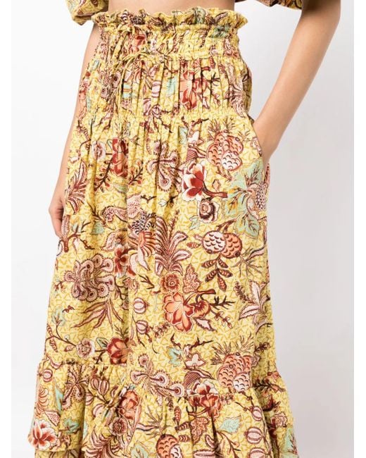 Ulla Johnson Metallic Acacia Calla Lily-Print Midi Skirt
