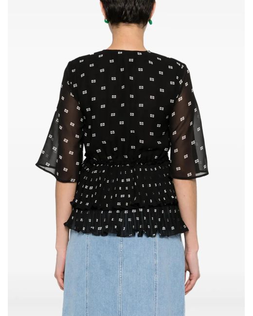 Ganni Black Graphic-Print V-Neck Pleated Blouse