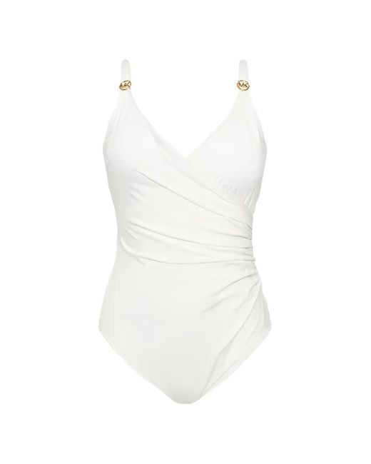 MICHAEL Michael Kors White Logo-Details V-Neck Swimsuit