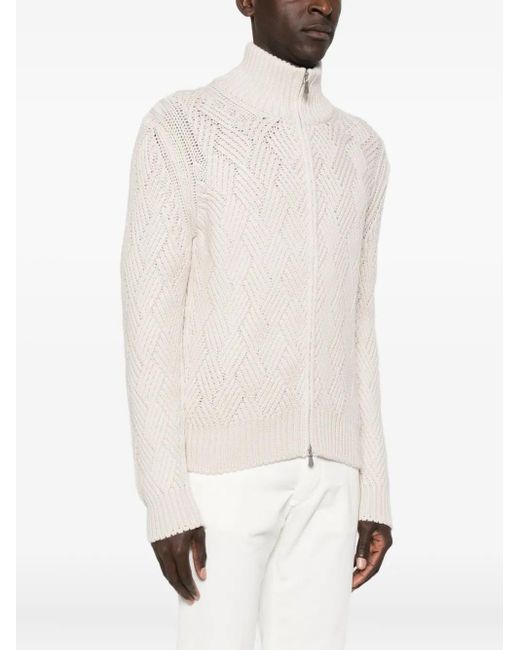 Barba Napoli White Patterned Zip-Up Cardigan for men