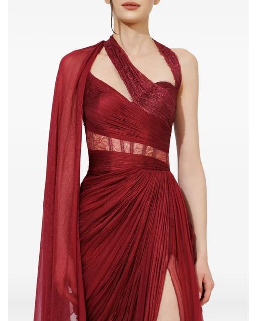 IRIS SERBAN Red Alexa Asymmetric-Neck Lace-Detail Maxi Dress