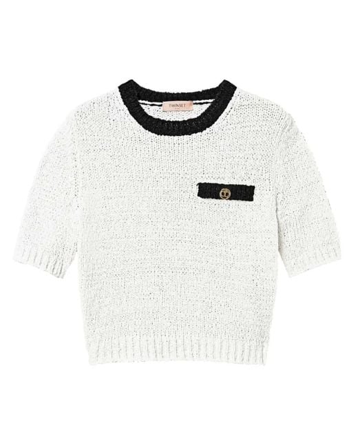 Twinset White Oval T Button Cropped Jumper