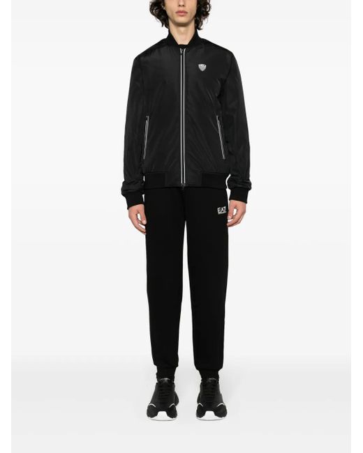 EA7 Black Logo-Patch Zip-Up Bomber Jacket for men