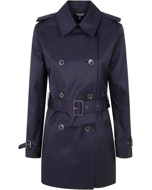 Ralph Lauren Double-Breasted Trench Coat With Logo in Blue | Lyst