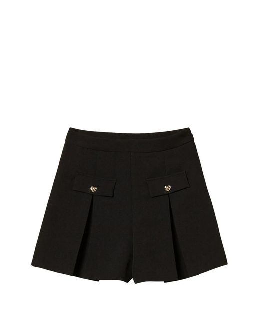 Twinset Black Crêpe Shorts With Heart-Shaped Buttons