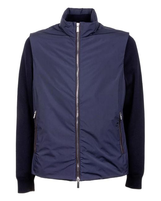Moorer Blue Zip-Up Knitted-Sleeve Jacket for men