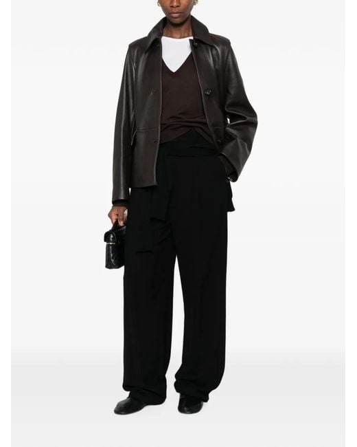 Totême Black Collared Grained-Leather Jacket