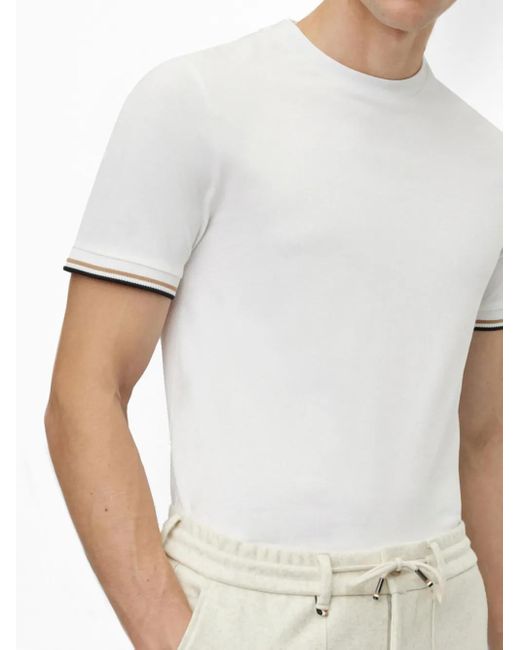 Boss White Cotton-Jersey T-Shirt With Signature-Stripe Cuffs for men