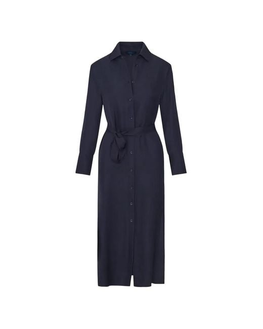 Patrick Assaraf Blue Long-Sleeve Belted Midi Shirt Dress