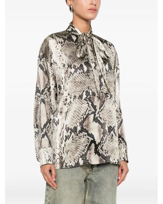 Roberto Cavalli Natural Snakeskin-Print Tie-Neck Blouse