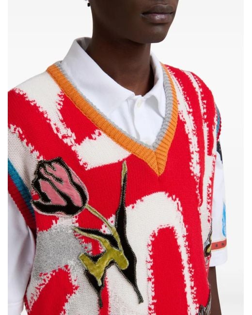 Marni Red Intarsia-Knit Sleeveless Sweater for men