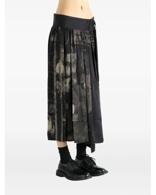 Y's Yohji Yamamoto Black Pleated Print Midi Skirt