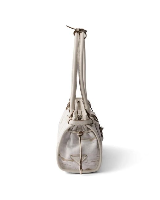 Prada White Bonnie Medium Printed Linen And Leather Handbag