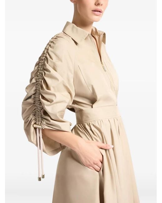 Elie Saab Natural Zip-Front Gathered-Sleeve Maxi Dress