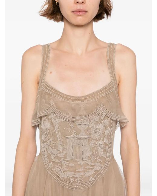 Elie Saab Natural Embroidered Organza Long Dress