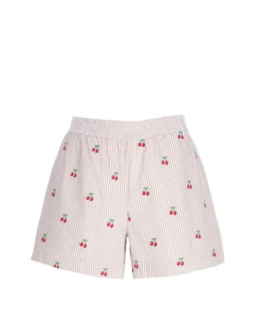 Mc2 Saint Barth Pink Meave Seersucker Cherry-Embroidered Shorts