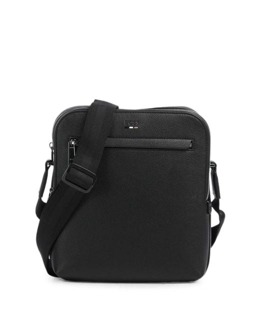 Boss Black Logo-Detail Leather Messenger Bag for men