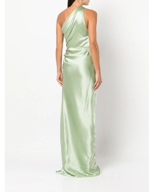 Michelle Mason Green Gathered-Detail One-Shoulder Silk Gown