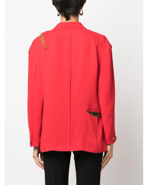 Undercover Red Boxy Distressed Tulle-Trim Blazer
