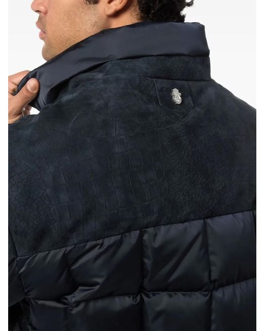 Billionaire Blue Quilted Suede-Panel Puffer Jacket for men