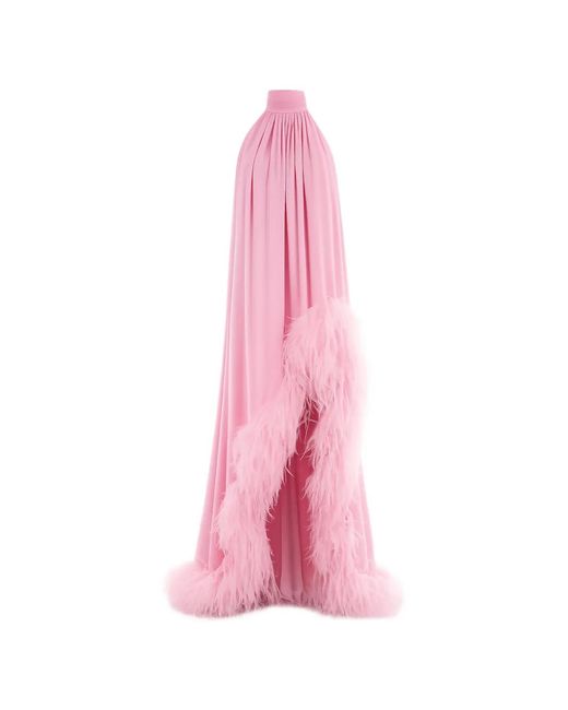 Bronx and Banco Pink Madeline Feather-Trim Halterneck Maxi Gown