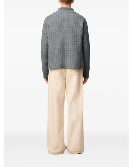 AMI Gray Cable-Knit Wool Polo Shirt
