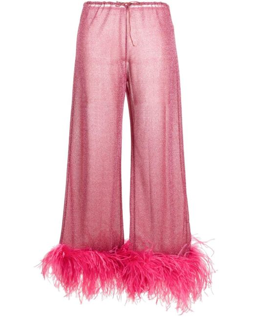 Oseree Pink Wide Leg Trousers With Feather Detail