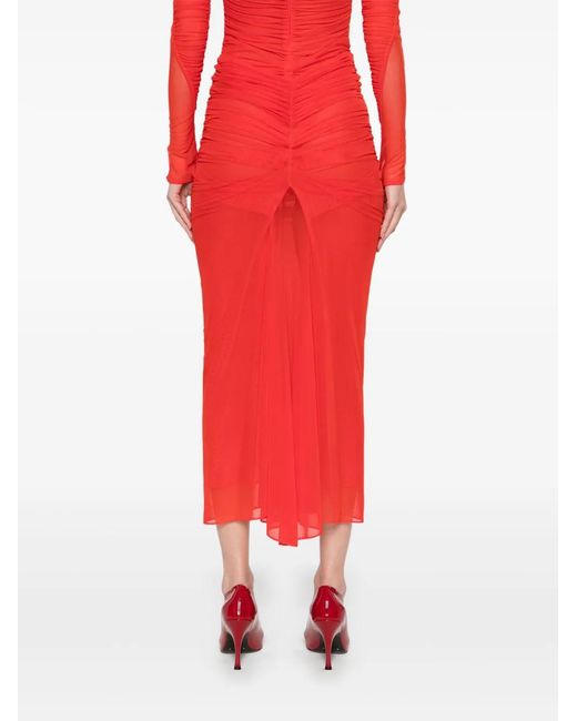 Mugler Red Ruched Mesh Midi Skirt