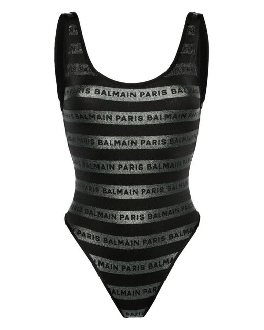 Balmain Black Open-back Logo-print Swimsuit