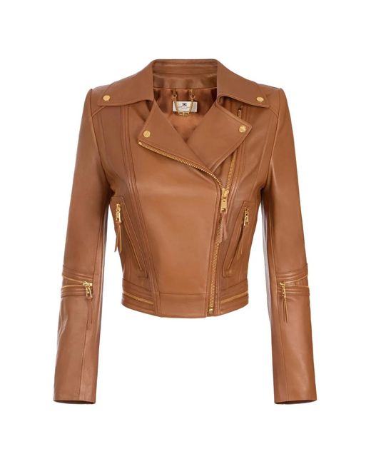 Elisabetta Franchi Brown Leather Biker Jacket