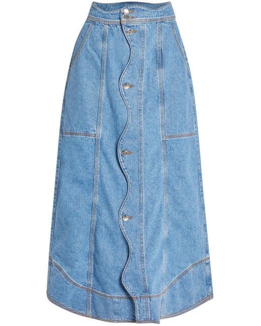 Farm Rio Blue Asymmetric denim midi-skirt