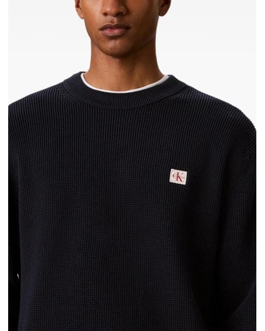 Calvin Klein Blue Waffle-Knit Logo-Patch Sweater for men