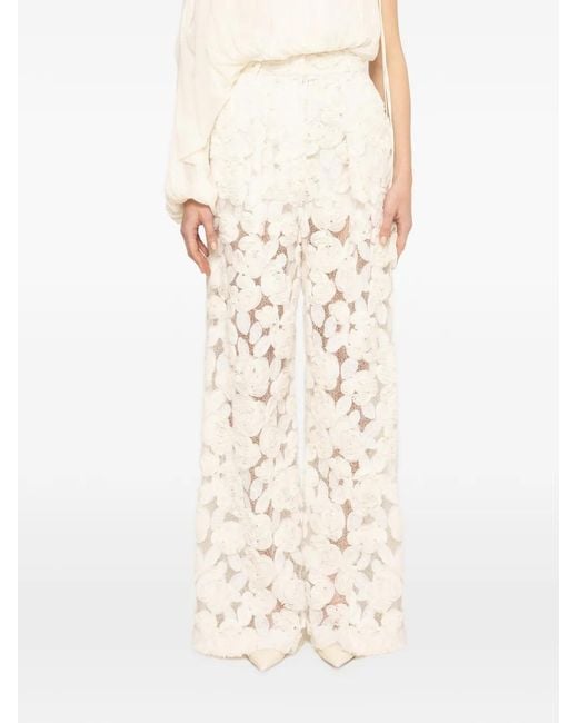 Nissa Natural Floral-Embroidery Wide-Leg Trousers