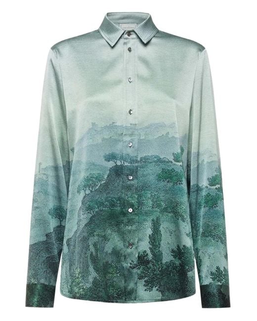 Pierre Louis Mascia Green Landscape-Print Silk-Blend Shirt