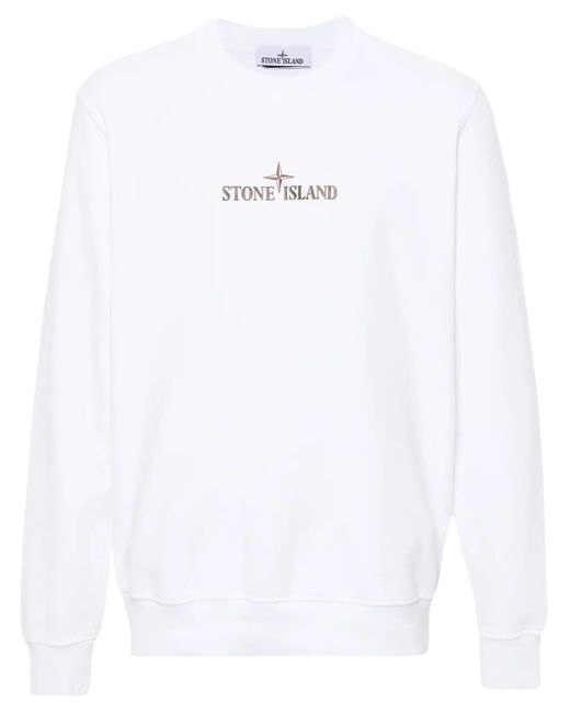 Stone Island White Crewneck Sweatshirt With 'institutional One' Print In Cotton Fleece for men