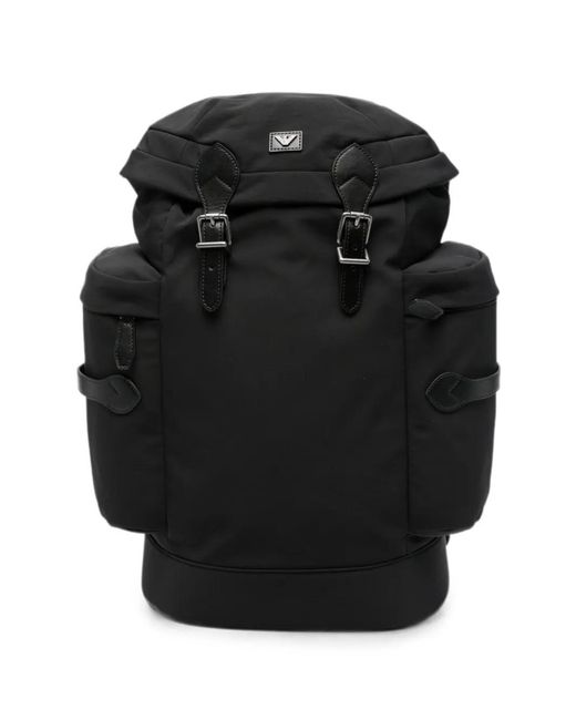 Emporio Armani Black Buckle-Fastening Logo-Plaque Backpack for men