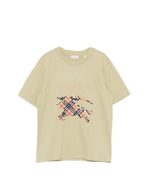 Burberry Natural Rib-Knit Neckline T-Shirt With Embroidered Equestrian Knight Design