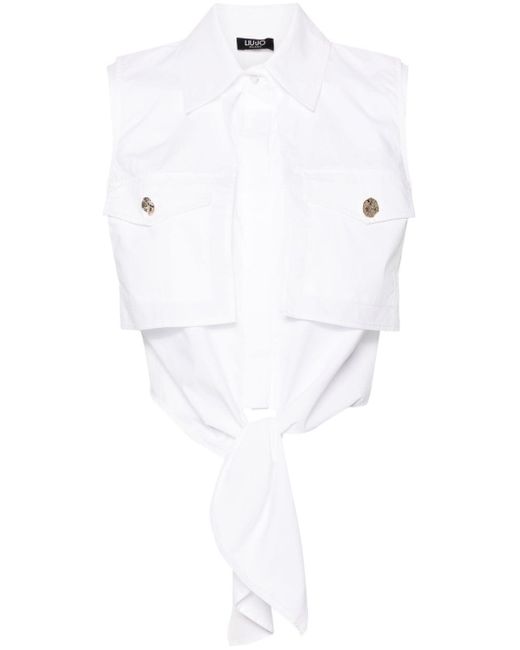 Liu Jo White Sleeveless Cotton Shirt With Knot Detail