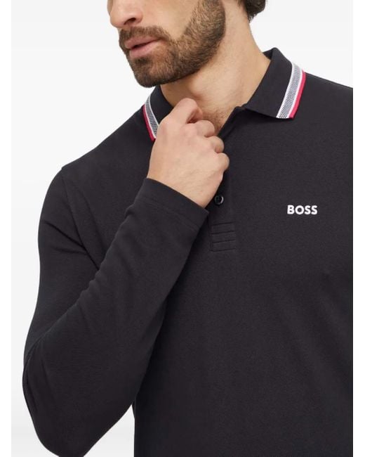 Boss Blue Long-Sleeve Tipped-Collar Polo Shirt for men