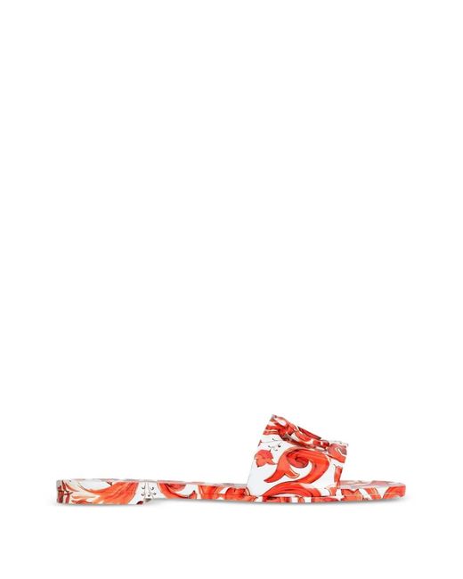 Dolce & Gabbana Red Maiolica Print Flat Sandals
