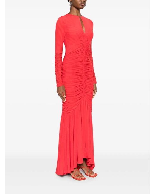 ROTATE BIRGER CHRISTENSEN Red Mesh Longsleeve Maxi Dress