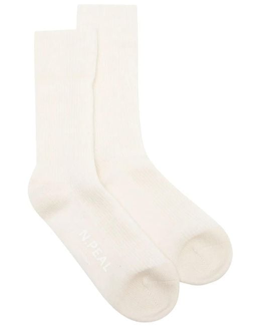 N.Peal Cashmere White Rib-Knit Cashmere Socks