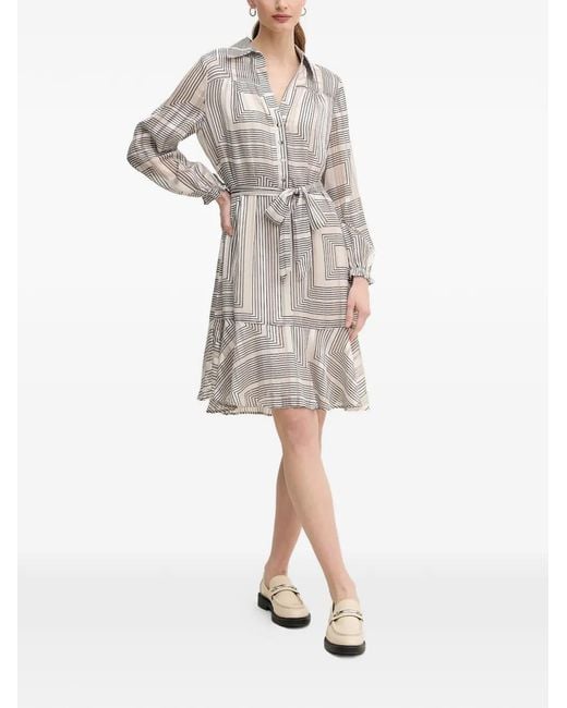 MARC AUREL White Geometric Print Belted Dress