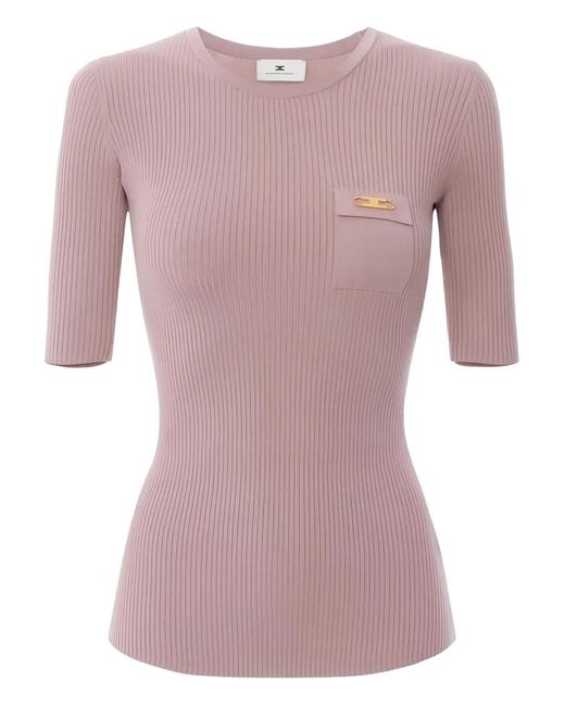 Elisabetta Franchi Pink Ribbed Breast Pocket Knit Top