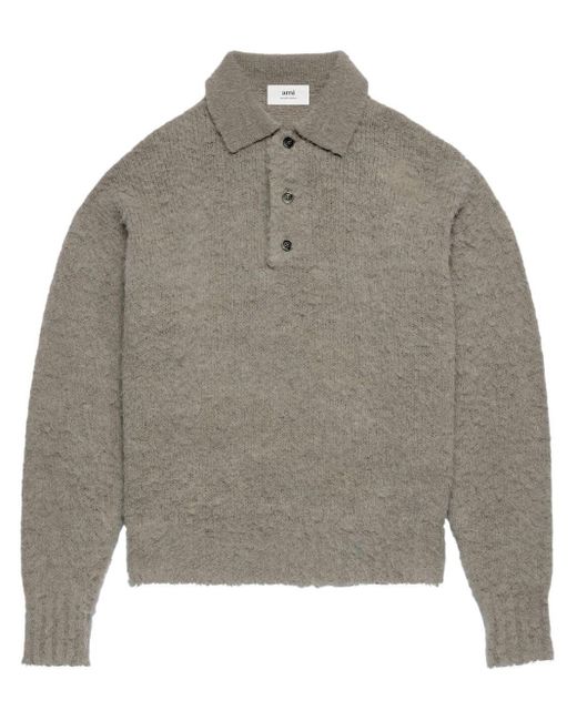 AMI Gray Knitted Polo Shirt for men