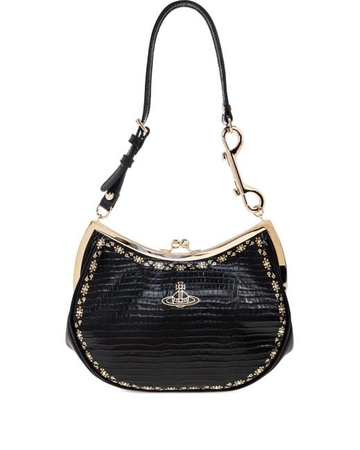 Vivienne Westwood Black Small Crocodile-Embossed Clasp Shoulder Bag