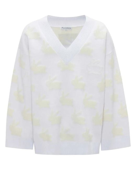 J.W. Anderson White Bunny-Print V-Neck Jumper